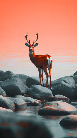 Deer in the wild at sunset. 3d render illustration.の素材