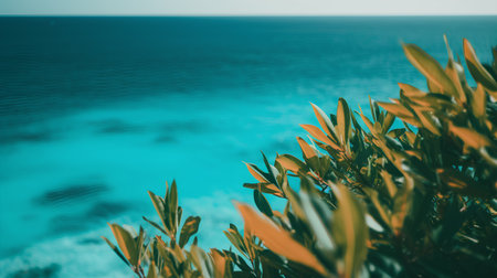 Tropical beach with turquoise water and green leaves.の素材