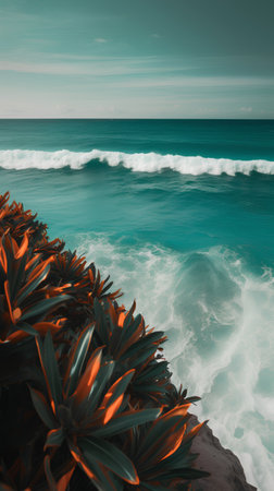 Beautiful seascape with tropical plants and waves. Toned.