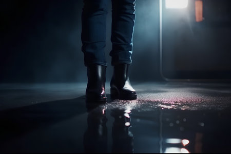 Man wearing black leather shoes standing in dark room with lights on backgroundの素材