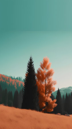 Autumn landscape with pine trees and mountains. 3d illustration.の素材