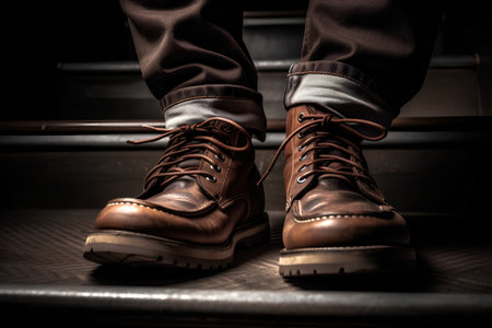 Men's brown leather shoes on the stairs. Shallow depth of fieldの素材
