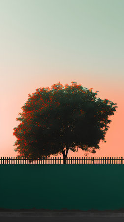Tree and fence at sunset. 3d illustration. Nature background.の素材