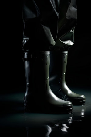 Pair of black rubber boots on black background with water drops.の素材