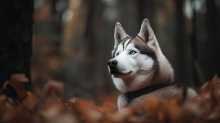 Portrait of a beautiful Siberian Husky dog in the autumn forestの素材
