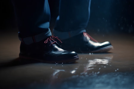Businessman wearing black shoes standing in rain, low key shot.の素材