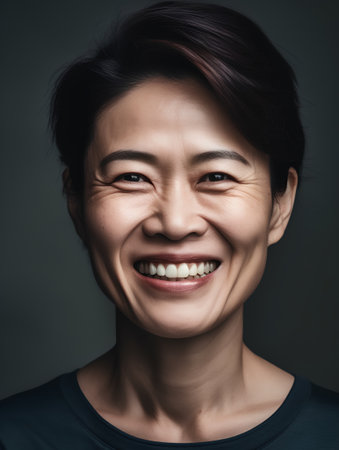 Portrait of a happy asian woman smiling on a dark backgroundの素材