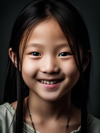 Portrait of a cute little asian girl smiling on dark backgroundの素材