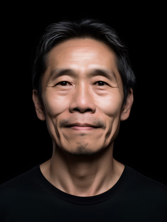Portrait of Asian man on black background. Isolated on black.の素材