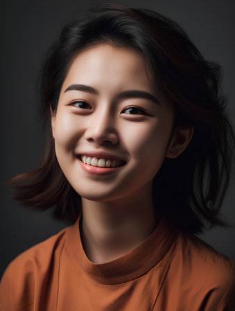 Portrait of beautiful smiling asian woman in orange t-shirtの素材