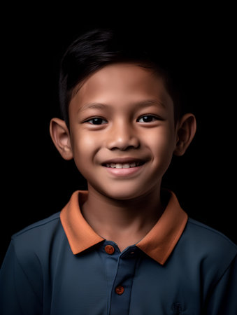 Portrait of a cute asian little boy smiling on black backgroundの素材
