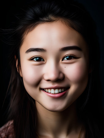 Portrait of a beautiful young asian woman on black background.の素材
