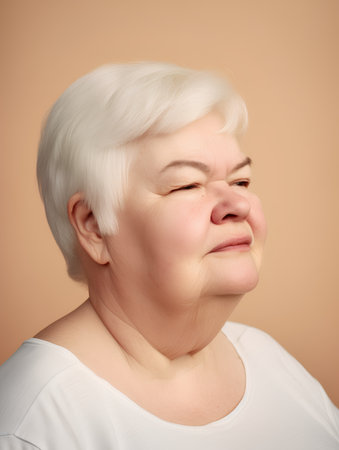 Portrait of senior woman with closed eyes on beige background.の素材