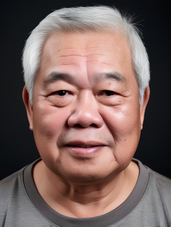 Portrait of a senior asian man with wrinkles on his faceの素材