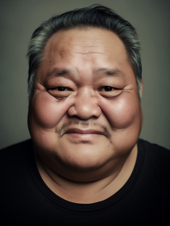 Portrait of a fat Asian man on a gray background. Toned.の素材