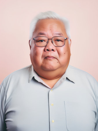 Portrait of fat Asian man with eyeglasses on pink backgroundの素材