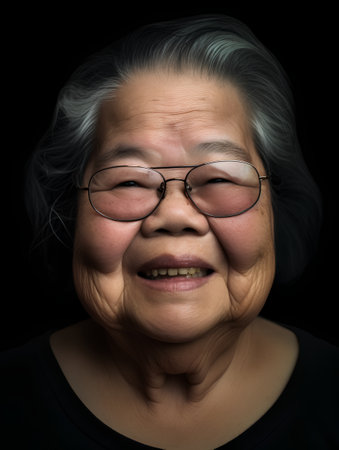 Portrait of an old asian woman with glasses on black backgroundの素材