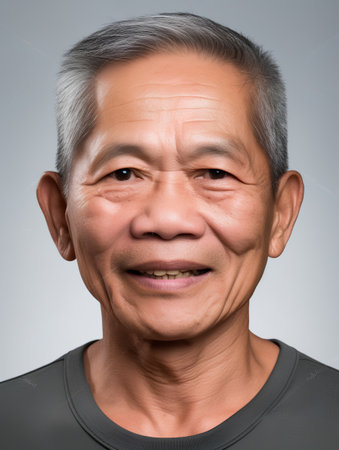 Portrait of happy senior asian man on grey background. Asian peopleの素材