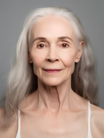 Portrait of a beautiful senior woman with grey hair. Studio shot.の素材
