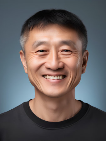 Portrait of a smiling asian man on blue background, closeupの素材