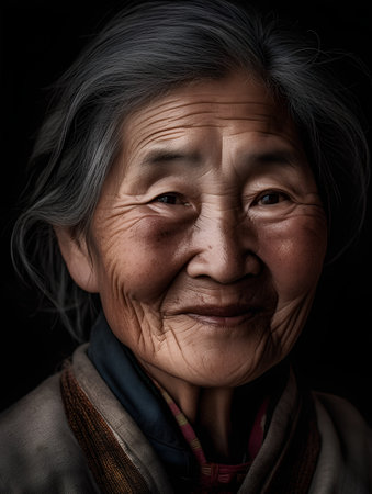 Portrait of an old asian woman on a black background.の素材