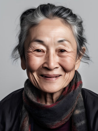 Portrait of an old asian woman wearing a scarf and smilingの素材