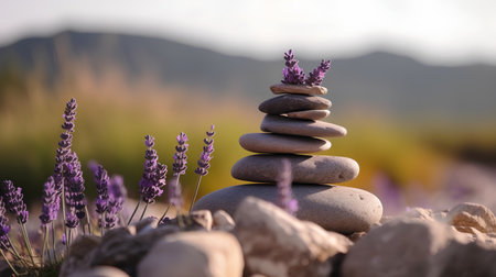 Stack of pebbles and lavender flowers in the mountains.の素材