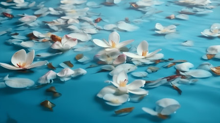 Beautiful white magnolia flowers floating on blue water surface with reflectionの素材