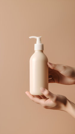 Female hands holding bottle of cosmetic cream or lotion on beige backgroundの素材