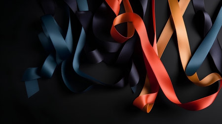 Colorful ribbons on black background. 3d render illustration.の素材