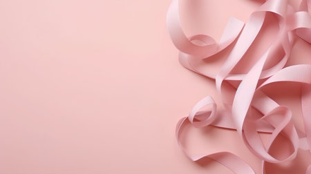 Pink ribbon on pink background. Flat lay, top view, copy spaceの素材