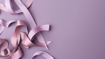 Pink ribbons on purple background with copy space for your text.の素材
