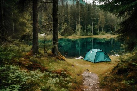 Tent near lake in the Carpathian mountains, Ukraine.の素材