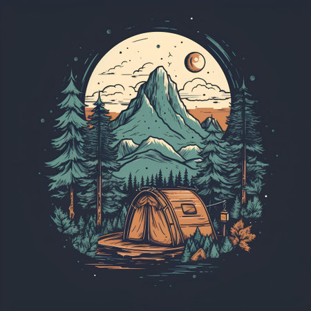 Camping in the mountains. Vector illustration of a tent on the background of the forest.の素材