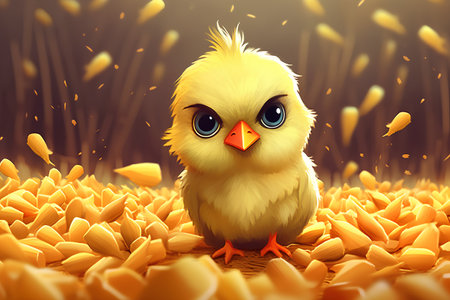 Cute yellow chicken in a field of corn, 3d illustrationの素材