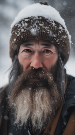 Portrait of a man with a long beard and mustache in the winter forestの素材