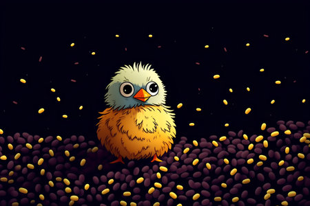 Illustration of a little chick sitting on the ground in the darkの素材