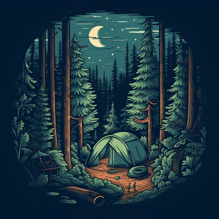 Camping in the forest at night. Vector illustration in retro style.の素材
