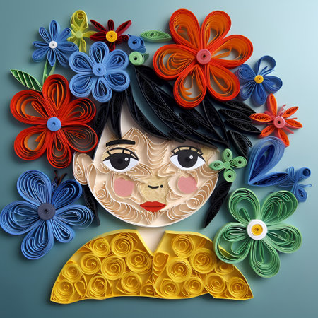 Paper cut portrait of a girl with flowers on blue background. 3d renderingの素材
