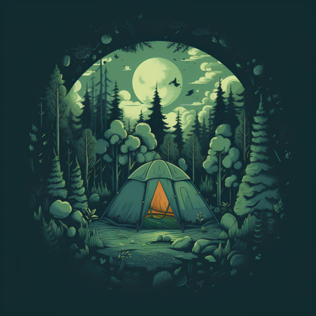 Camping in the forest. Vector illustration of a tent in the woods.の素材