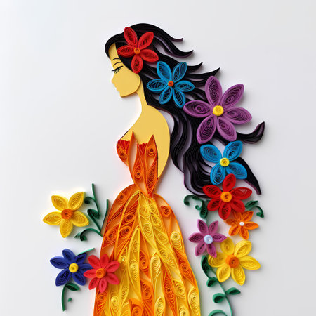 Illustration of a beautiful girl in a long dress with flowers.の素材