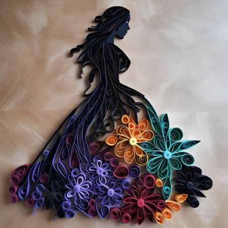 Silhouette of a beautiful girl in a long dress with flowers.の素材