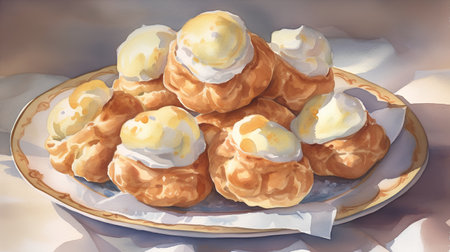 Cream puff with vanilla ice cream on a plate. Watercolor paintingの素材