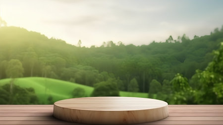 Wooden round podium on the wooden floor with nature background. 3d renderの素材