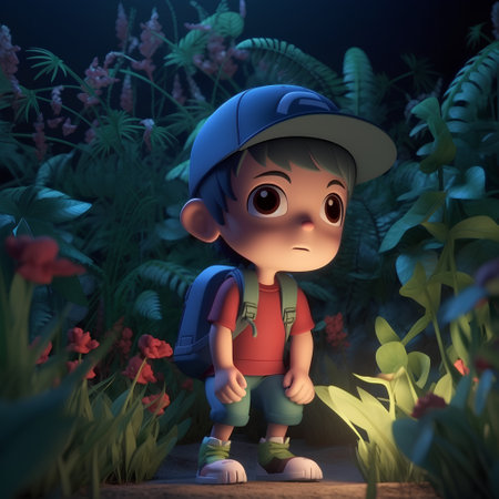 Boy in the jungle with a backpack and hat - 3d renderの素材