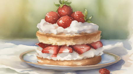 Watercolor illustration of cake with whipped cream and strawberries on a plateの素材
