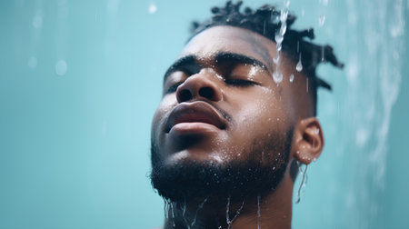 Handsome african american man taking shower, looking awayの素材
