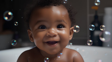 Cute little african american baby in bath with soap bubblesの素材