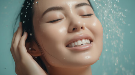 Beautiful asian woman under the shower. Closeup portrait of smiling girl.の素材
