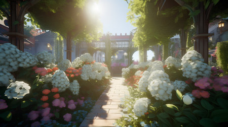 Beautiful flower garden in the morning light.3d rendering.の素材
